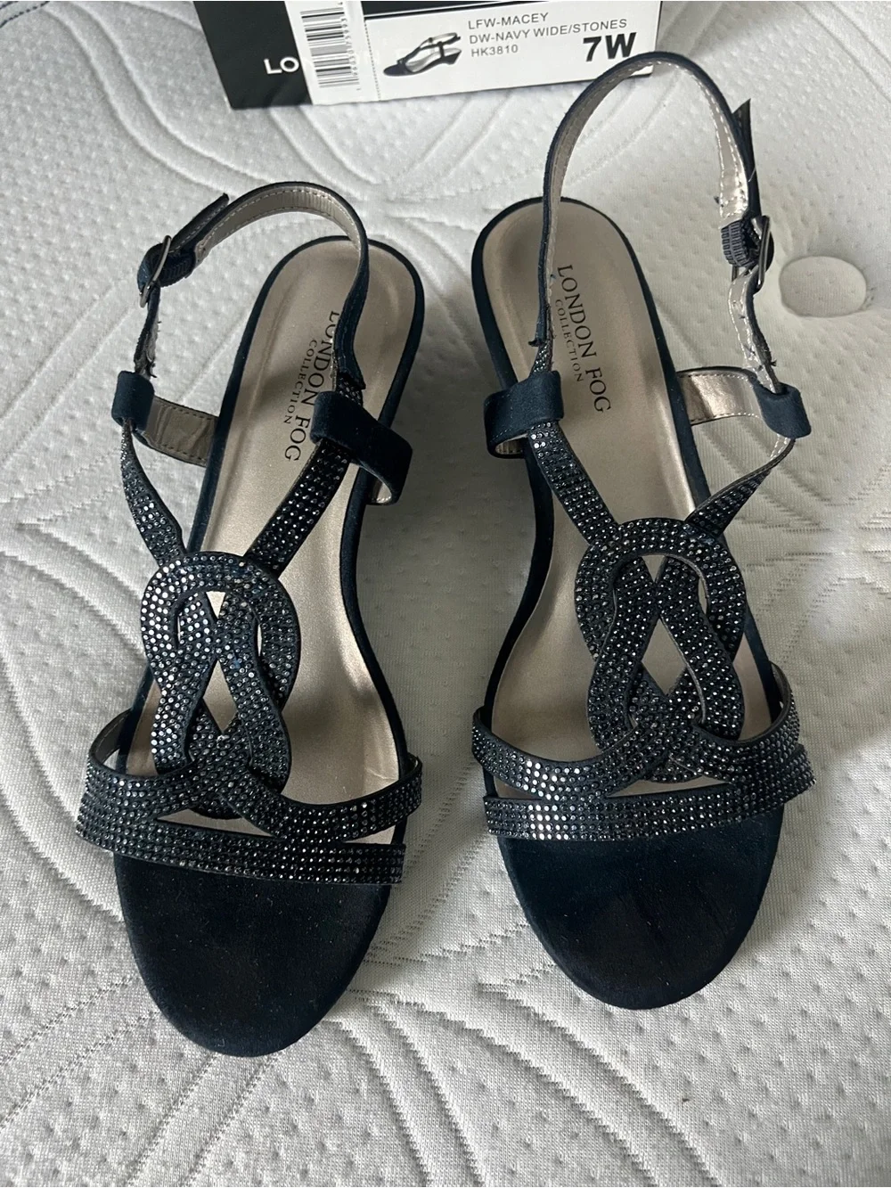 LONDON FOG Womens Macey Demi-Wedge Dress Sandals Women's Navy Rhinestone 7 Wide